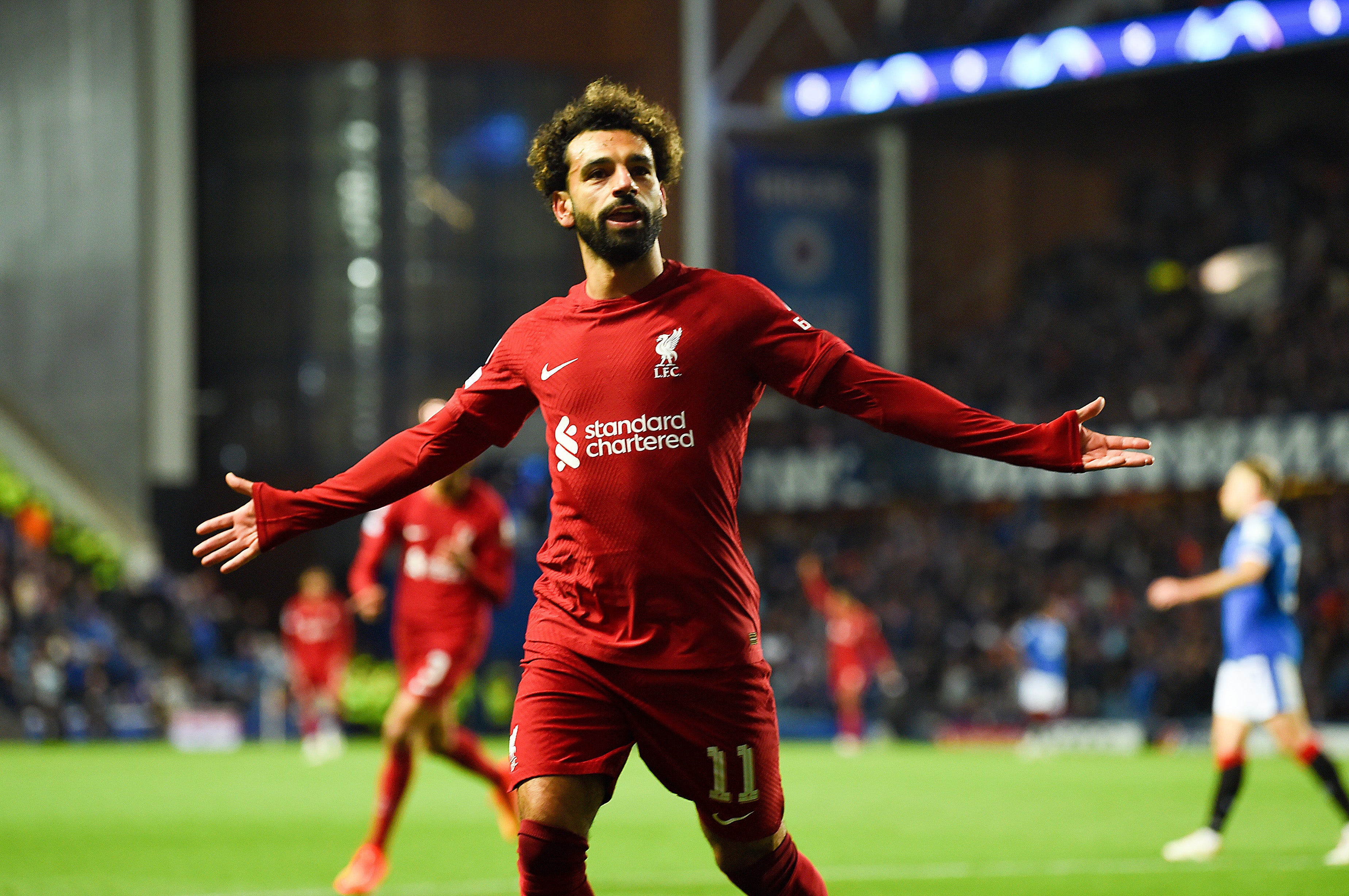 Salah celebrates his third goal against Rangers