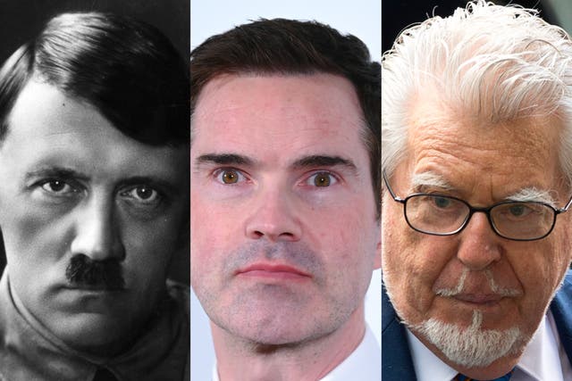 <p>Adolf Hitler, Jimmy Carr and Rolf Harris</p>