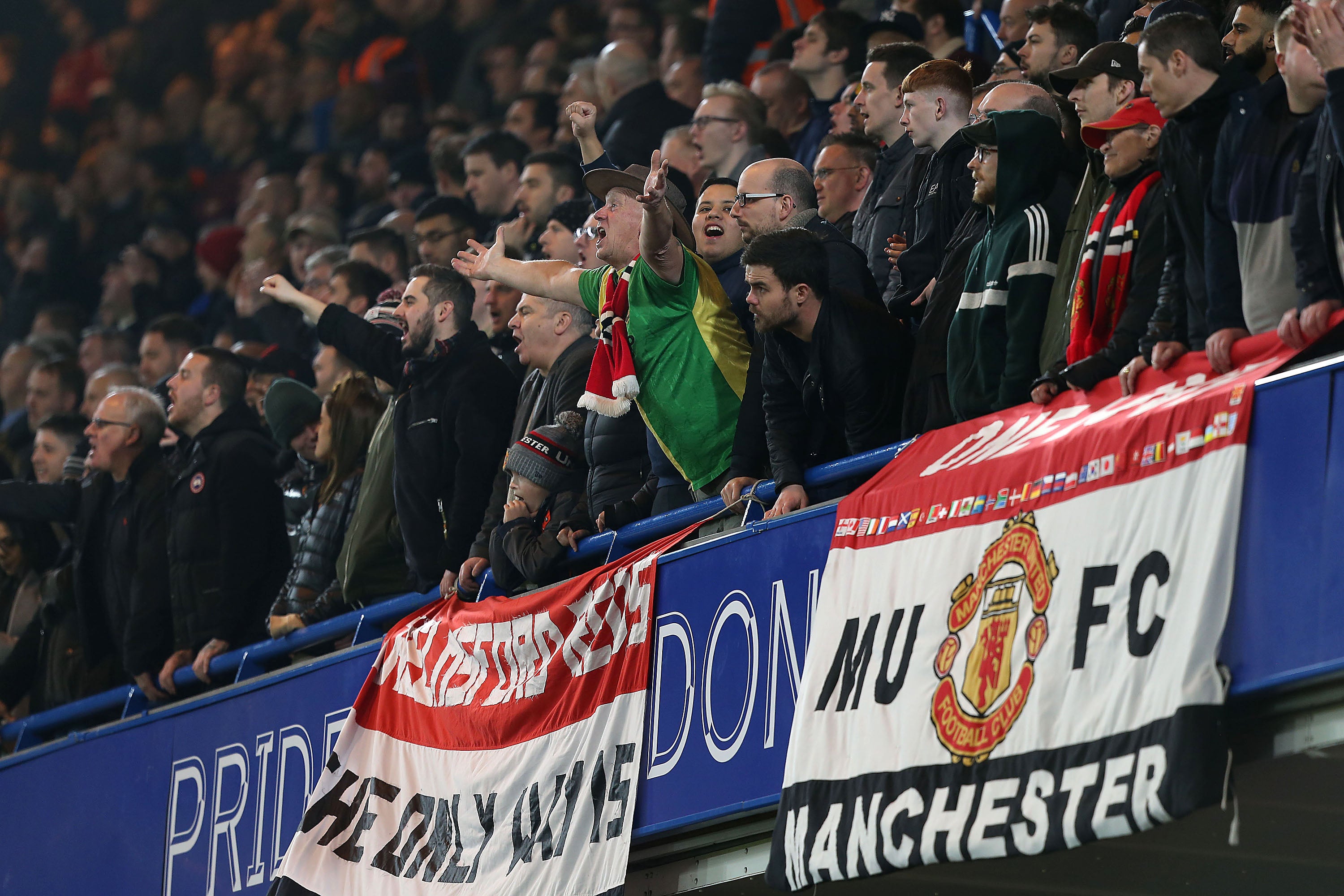 Manchester United fans at Chelsea’s Stamford Bridge in 2019