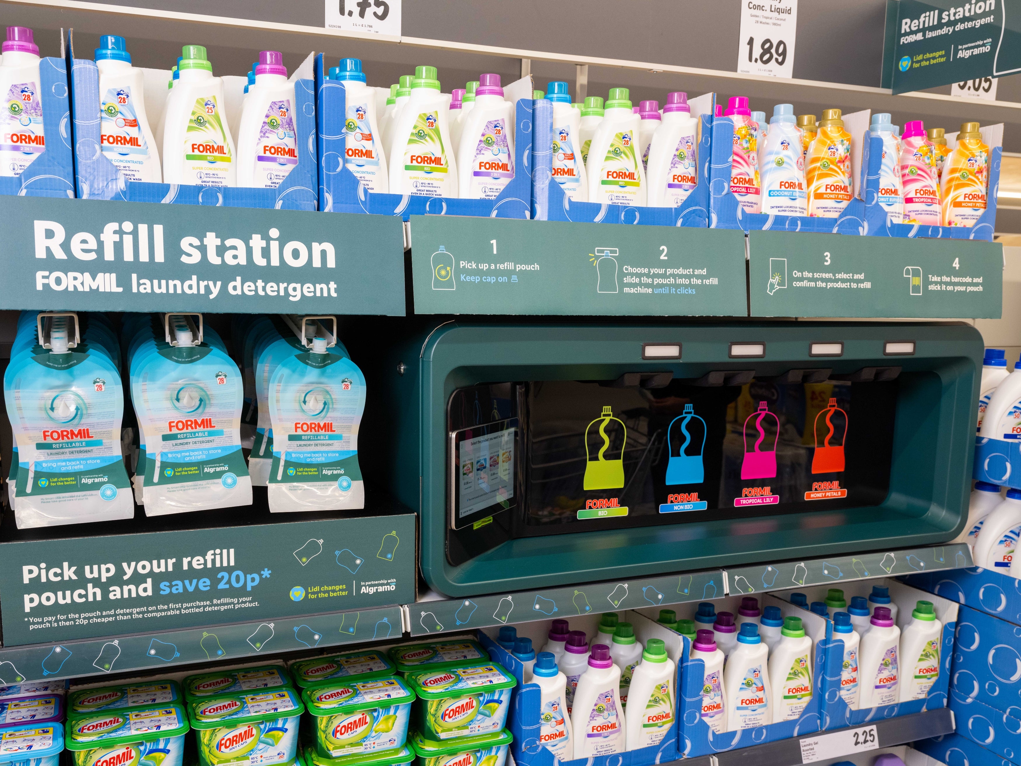 The refill stations will sit next to the single-use laundry detergents