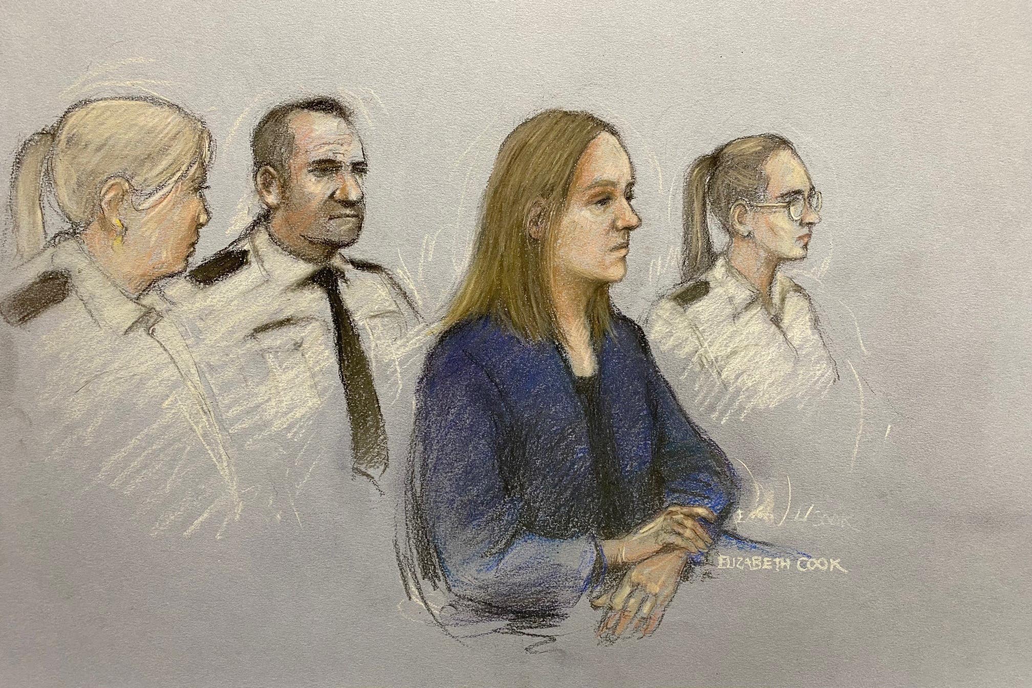 Court artist sketch of Letby in the dock at Manchester Crown Court (Elizabeth Cook/PA)
