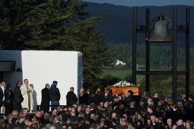 The coffin of Martina Martin is carried into St Michael’s Church, in Creeslough, for the funeral mass of the 49-year-old mother who died following an explosion at the Applegreen service station in the village of Creeslough in Co Donegal on Friday. Picture date: Thursday October 13, 2022.