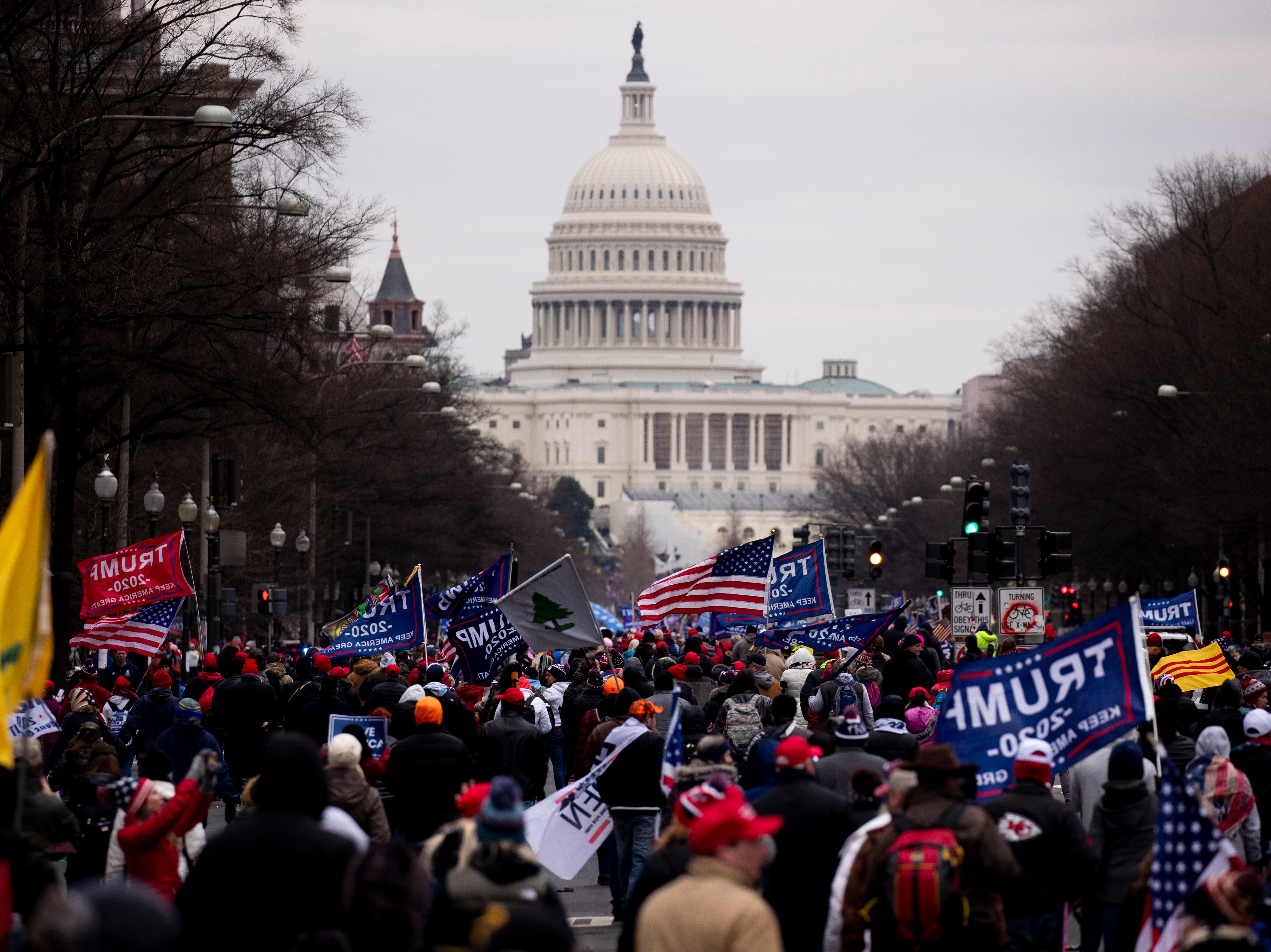 A crowd of Trump supporters prepares to march on the Capitol on 6 January 2021