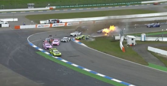 The collision triggered chaos which included Dennis Olsen’s car breifly igniting into a fireball