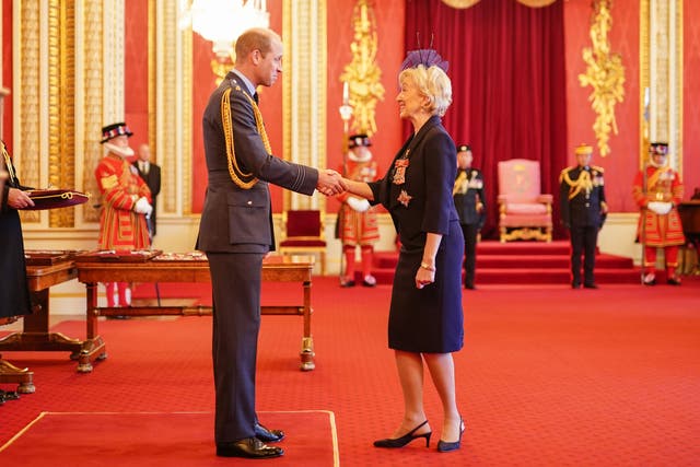 Andrea Leadsom is made a Dame Commander of the British Empire by the Prince of Wales at Buckingham Palace (Aaron Chown/PA)