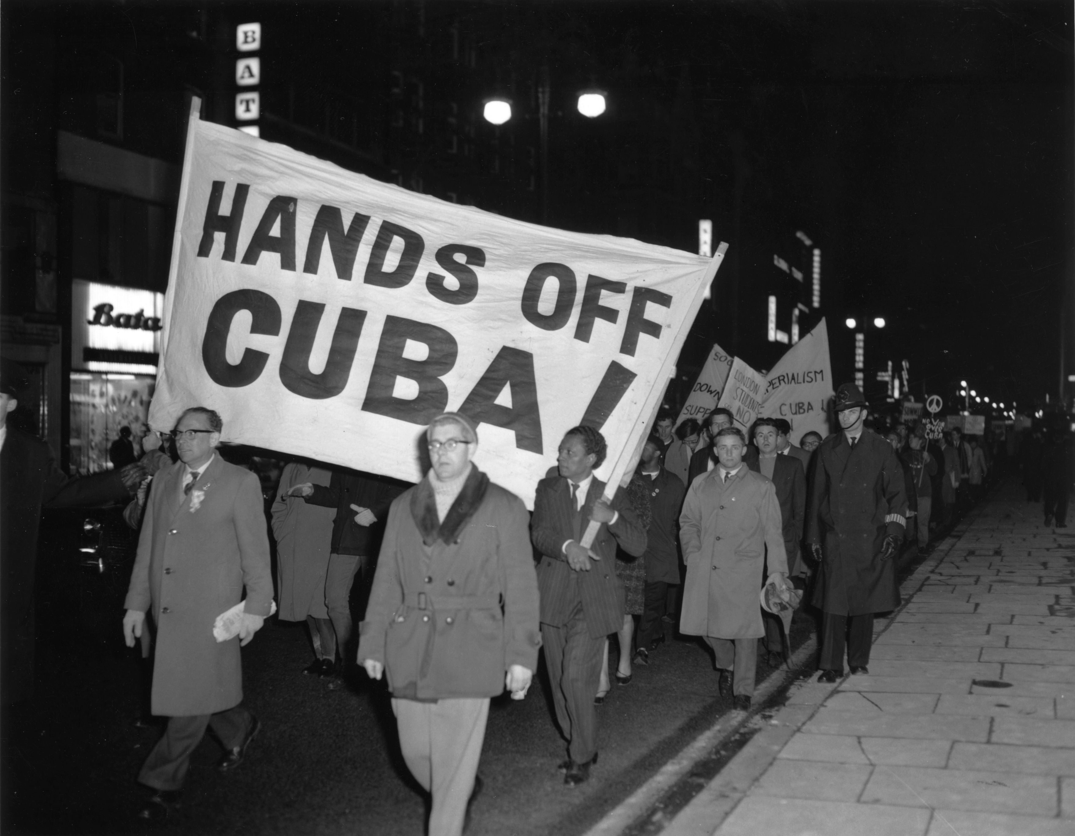 Campaign for Nuclear Disarmament members marching in Oxford Street, London, against the United States’ action over the Cuban missile crisis