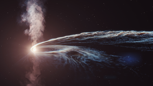<p>Artist’s illustration of tidal disruption event AT2019dsg where a supermassive black hole spaghettifies and gobbles down a star. Some of the material is not consumed by the black hole and is flung back out into space</p>