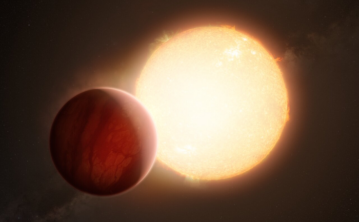 This artist’s impression shows an ultra-hot exoplanet, a planet beyond our Solar System, as it is about to transit in front of its host star