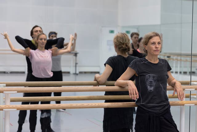 <p>Crystal Pite (right) with dancers Matthew Ball and Isabel Lubach</p>