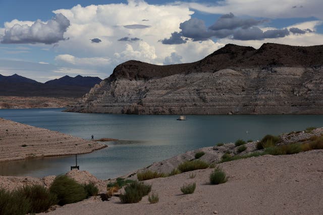 <p>Lake Mead’s falling water levels can be seen in the ‘bathtub ring’ along the edges of the reservoir. The lake is at just 28 per cent capacity</p>