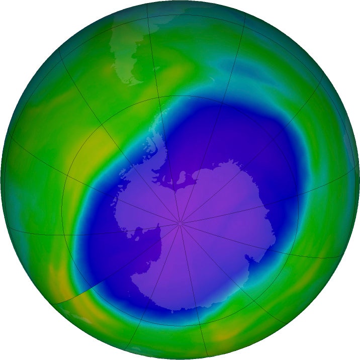 Blue and purple shows the hole in Earth's protective ozone layer over Antarctica