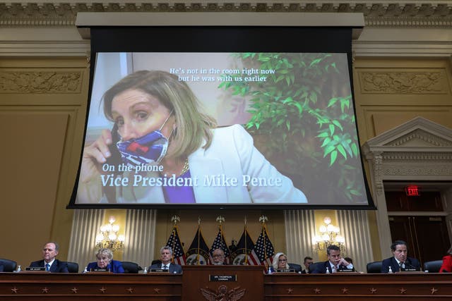 <p>A video of U.S. Speaker of the House Nancy Pelosi (D-CA) is played during a hearing by the House Select Committee to Investigate the January 6th Attack on the U.S. Capitol</p>