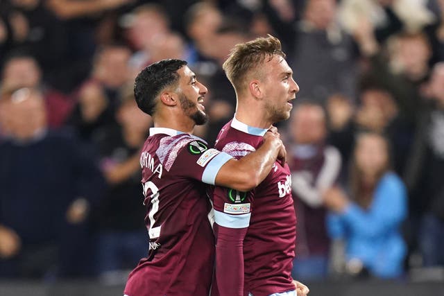 West Ham’s Jarrod Bowen, right, was on target against Anderlecht (Adam Davy/PA)