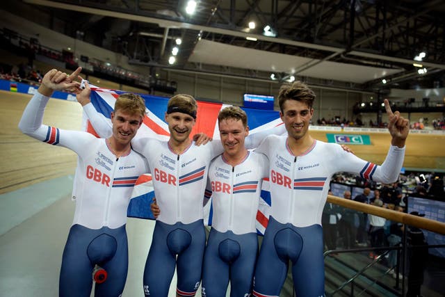 Great Britain claimed world men’s team pursuit gold in Saint-Quentin-en-Yvelines (Christophe Ena/AP)