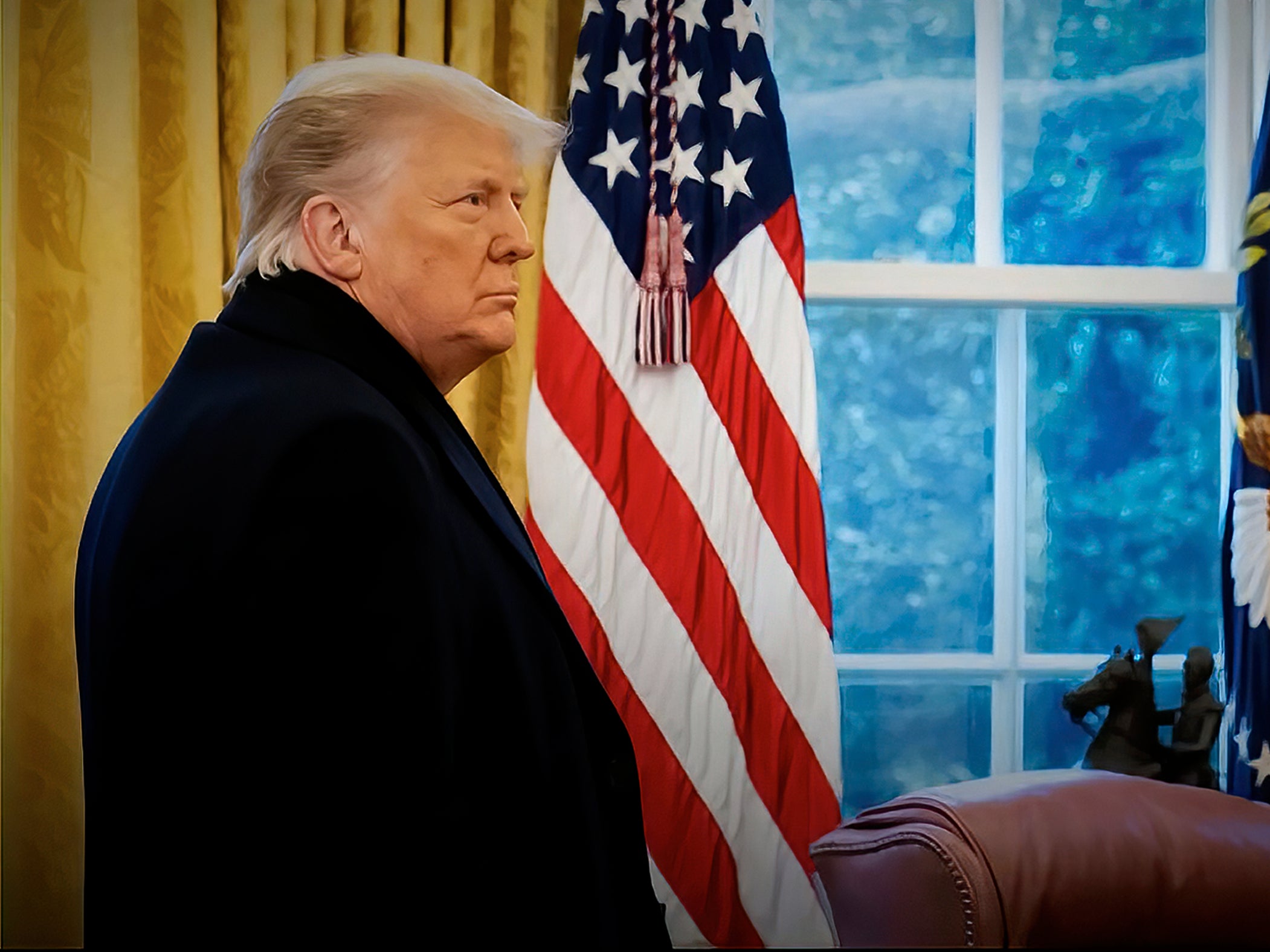 This video screenshot released by the House Select Committee shows then-President Donald Trump with his coat on as he returns to the Oval Office after speaking on the Ellipse on 6 January, 2021