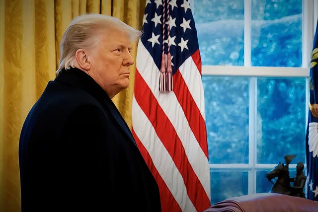 <p>This video screenshot released by the House Select Committee shows then-President Donald Trump with his coat on as he returns to the Oval Office after speaking on the Ellipse on 6 January, 2021</p>