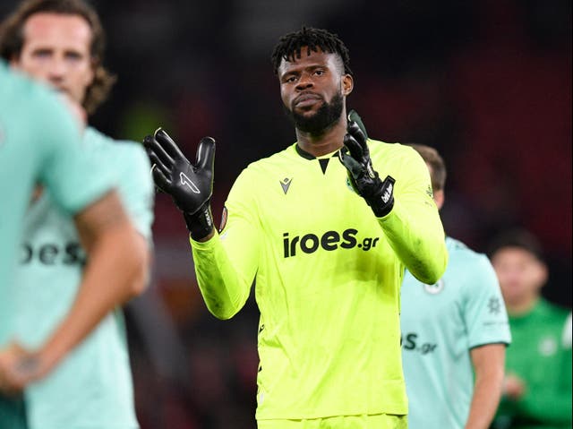 <p>Omonia’s Nigerian goalkeeper Francis Uzoho reacts to defeat</p>