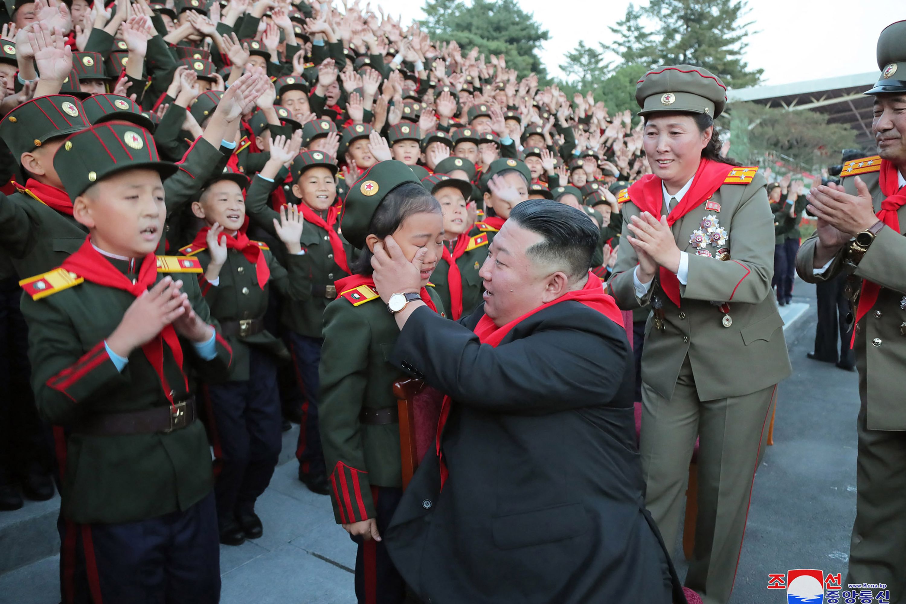 North Korean leader Kim Jong-un attending a ceremony to mark the 75th anniversary of the founding of Mangyongdae Revolutionary School and Kang Pan Sok Revolutionary School, at Mangyongdae Revolutionary School in Pyongyang on 13 October