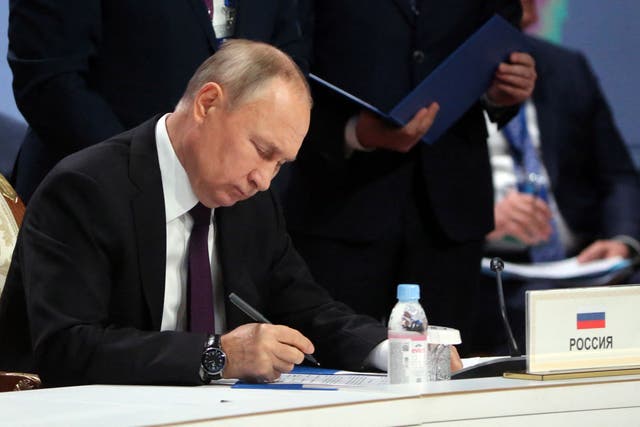 <p>Mr Putin was speaking from Astana, the capital of Kazakhstan   </p>