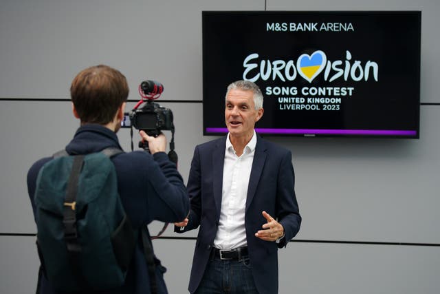 Director General of the BBC Tim Davie speaks to the media at the M&S Bank Arena in Liverpool (Peter Byrne/PA)