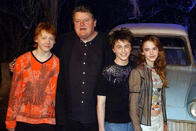 The stars of Harry Potter and the Chamber of Secrets, from left to right; Rupert Grint, Robbie Coltrane, Daniel Radcliffe Emma Watson (Yui Mok/PA)