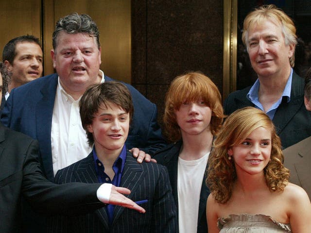 <p>Robbie Coltrane and Alan Rickman with their young ‘Harry Potter’ co-stars</p>