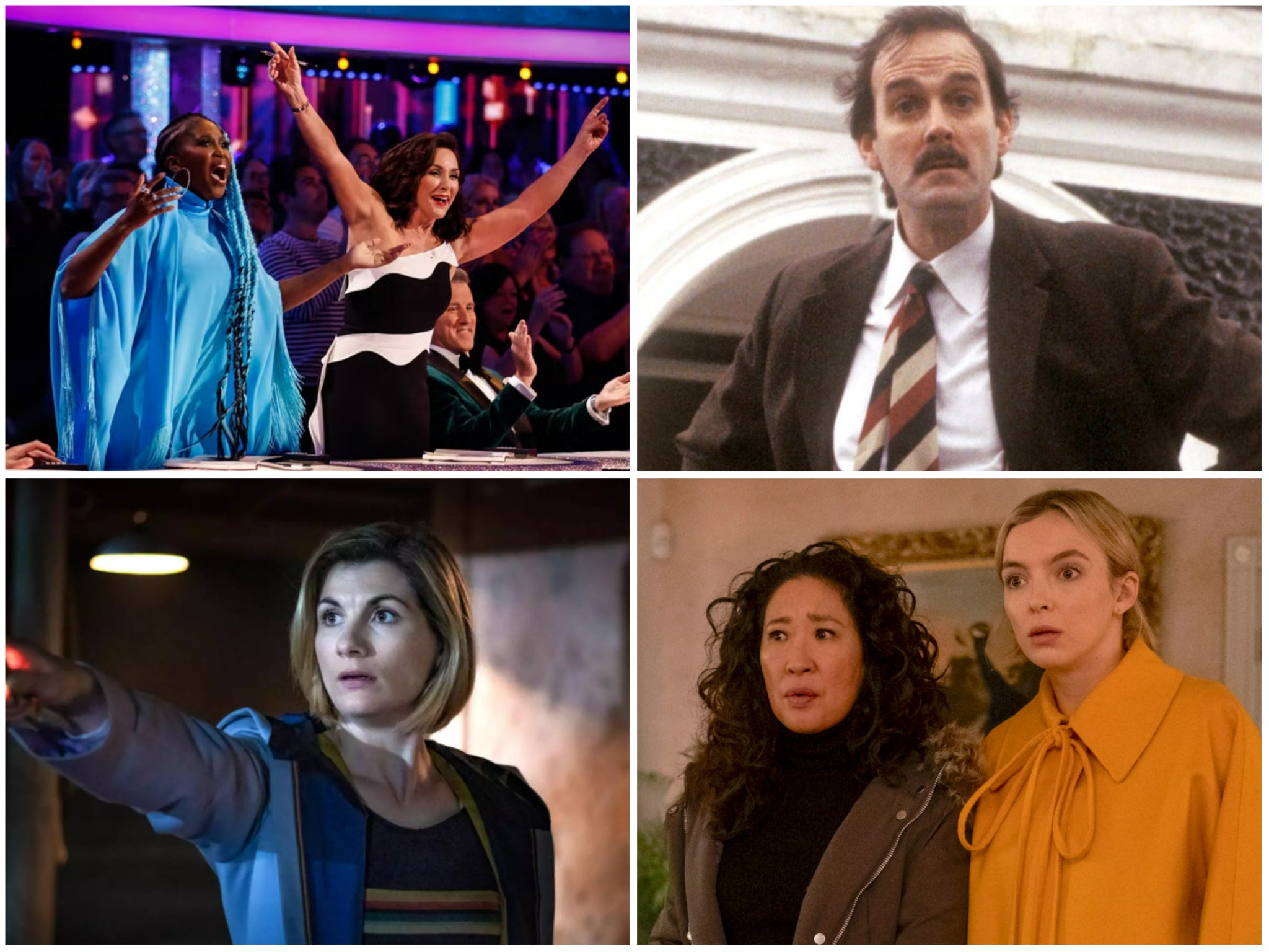 Clockwise from top left: ‘Strictly’, ‘Fawlty Towers’, ‘Killing Eve’, ‘Doctor Who’