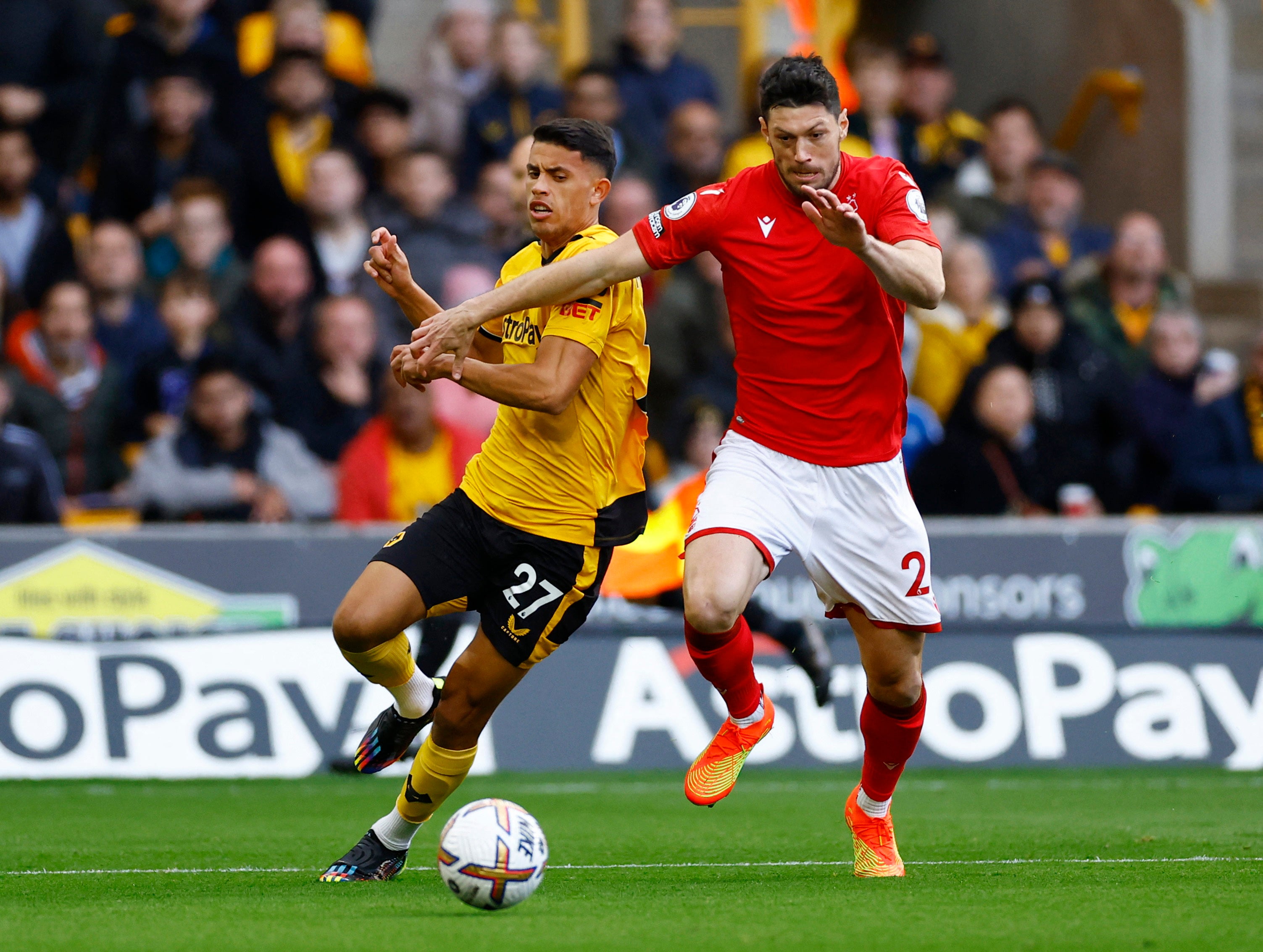 Wolves’ Matheus Nunes in action with Nottingham Forest’s Scott McKenna