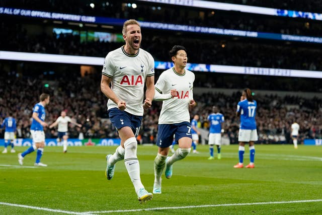 <p>Harry Kane celebrates putting Spurs in front from the spot</p>