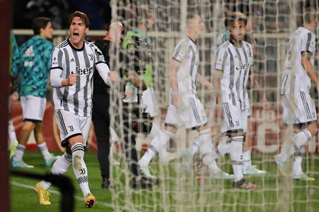 Dusan Vlahovic celebrates his winner for Juventus against city rivals Torino (Marco Alpozzi/AP)