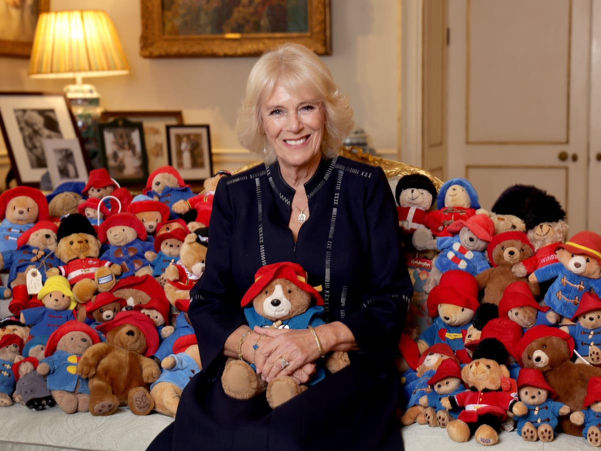 Camilla pictured with dozens of Paddington Bears left as tributes to the Queen Camilla pictured with dozens of Paddington Bears left as tributes to the Queen