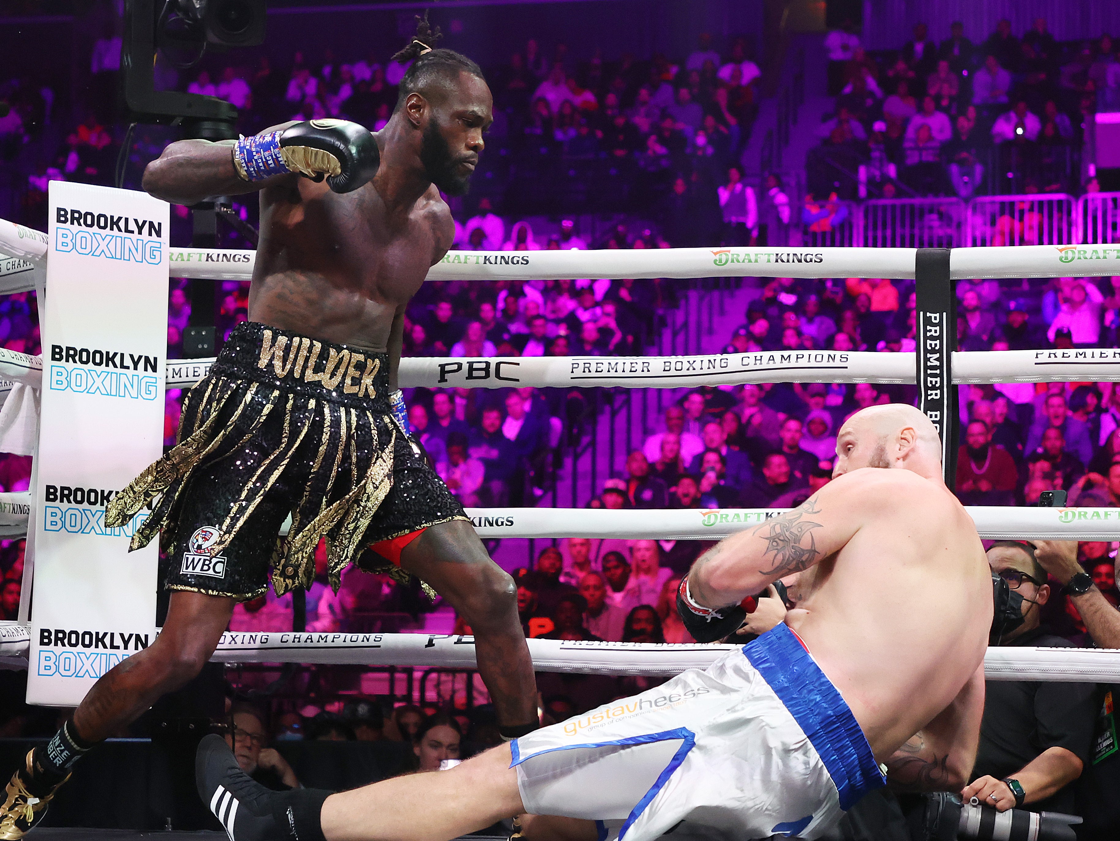 <p>Deontay Wilder, backed into the corner, finished Robert Helenius with a one-punch KO</p>