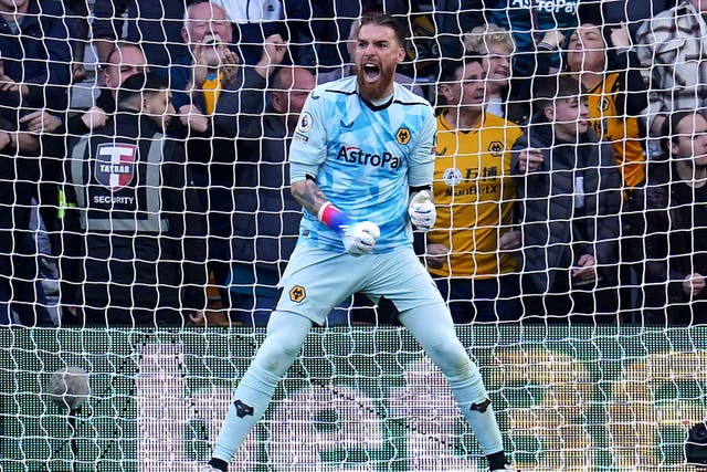 Jose Sa celebrates his penalty save as Wolves beat Nottingham Forest. (Nick Potts/PA)