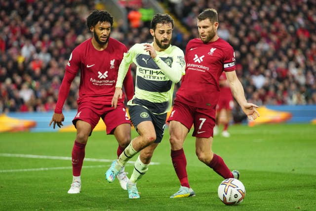 <p>Gomez and Milner challenge Bernardo Silva at Anfield on Sunday </p>