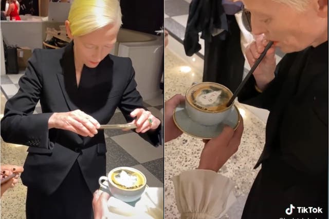 <p>Tilda Swinton reacts with delight over latte art of herself</p>