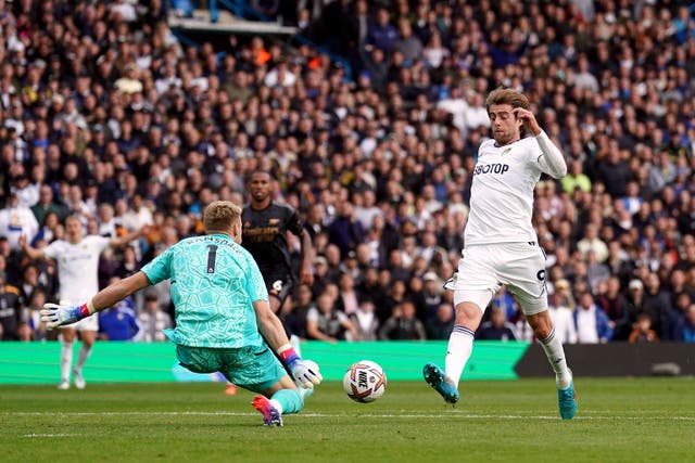 Aaron Ramsdale’s crucial late save from Patrick Bamford ensured victory for Arsenal at Elland Road (Tim Goode/PA)