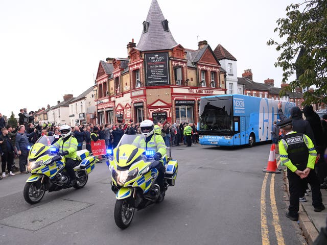 <p>Manchester City’s bus arriving at Anfield for Sunday’s Premier League meeting</p>