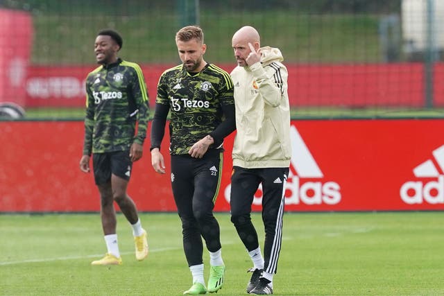 Manchester United’s Luke Shaw talks with manager Erik ten Hag during a training session (PA)