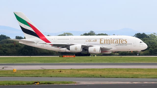 <p>Safe arrival: Emirates Airbus A380 at Manchester airport (file photo) </p>