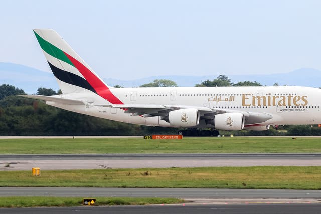 <p>Safe arrival: Emirates Airbus A380 at Manchester airport (file photo) </p>