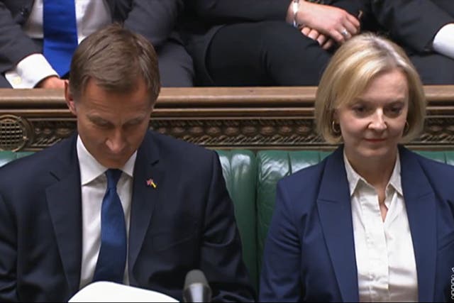 Liz Truss is battling to save her premiership as Chancellor Jeremy Hunt warned “eye-wateringly difficult” decisions were needed as he tore up her economic strategy (House of Commons/PA)