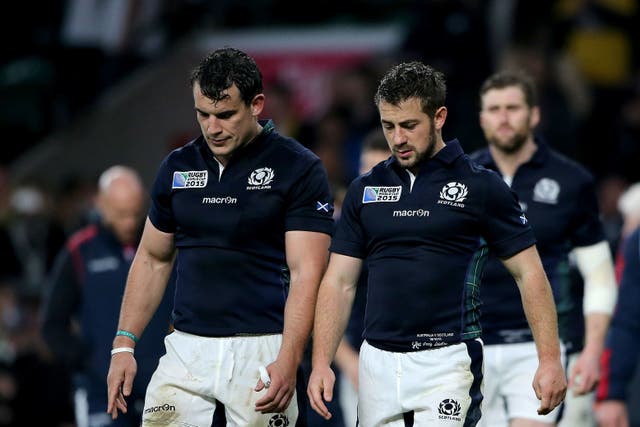 Scotland’s Greig Laidlaw (right) and John Hardie look dejected after their heart-breaking loss to Australia (Gareth Fuller/PA)