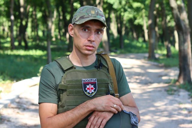 <p>Major Vasilyi Pipa of Ukraine’s White Angels, a police unit that now deals with everything from evacuating residents to bomb disposal</p>