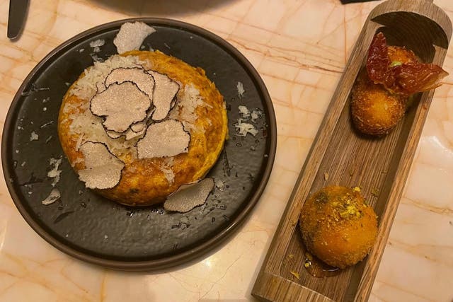 <p>Start with a tortilla de trufa (truffle omelette with manchego cheese) and some jamon or goat’s cheese, pistachio and honey croquettes </p>