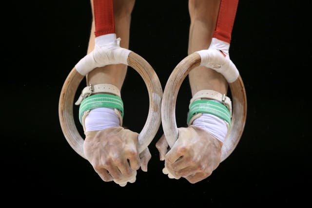 Detail of a competitor competing on the rings (Nigel French/PA)
