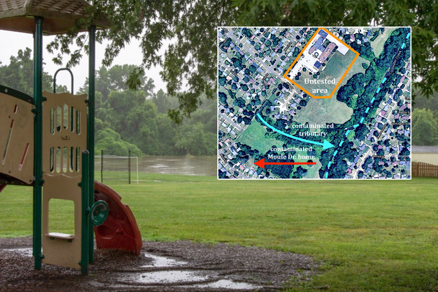 <p>Cold Water Creek, which is polluted with radioactive waste, seeps into the grounds of Jana Elementary School in Florissant, Missouri</p>