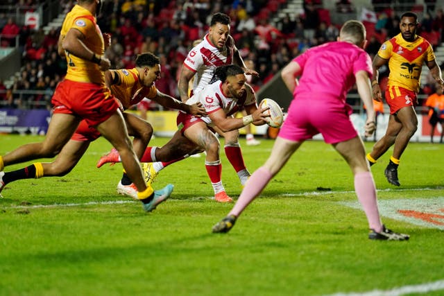 Tonga’s Keaon Koloamatangi touches down against Papua New Guinea (Martin Rickett/PA).