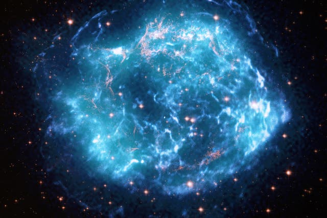 <p>This composite image of the supernova remnant Cassiopeia A is composed of data from the Hubble Space Telescope, the Chandra X-ray Observatory, and Nasa’s new Imaging X-ray Polarimetry Explorer (IXPE) mission</p>