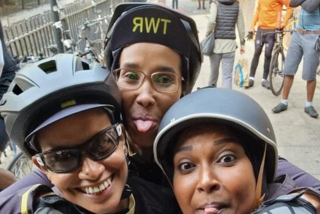 Nevin Sunderji, Mona Musa-Gray, and Kamar Omar took part in the ‘moving’ Black History Month bike ride (Kamar Omar/PA)