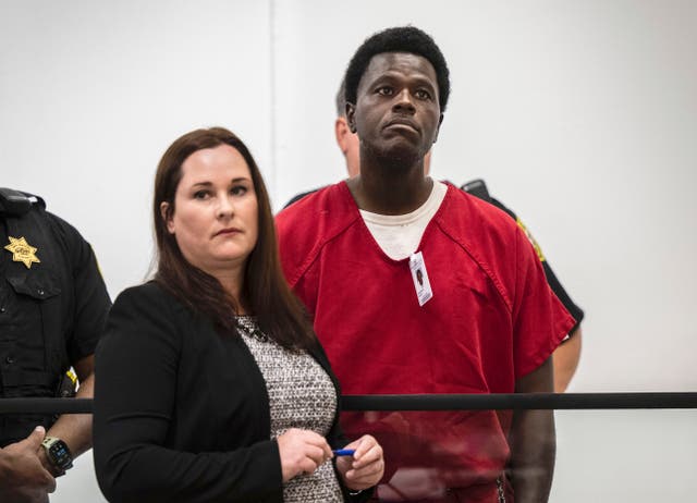 <p>Wesley Brownlee stands with public defender Alison Nobert during his arraignment in Stockton Superior Court</p>